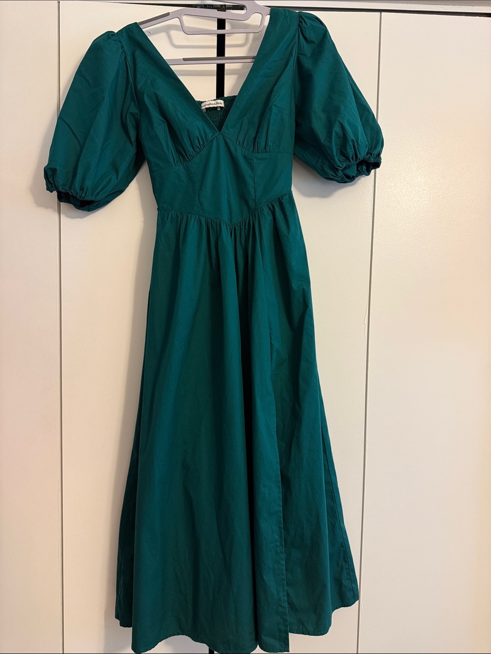 Abercrombie & Fitch Green Puff-Sleeve V-Neck Midi Dress, XXSP